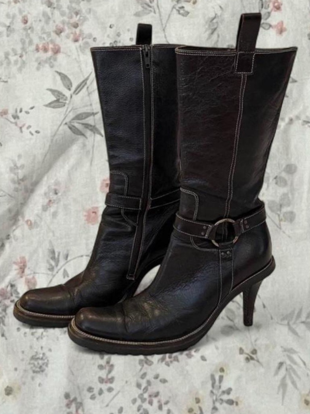 Vintage Materia Prima Y2k Leather Boots 8.5 Brown Heeled Bondage Calf Western